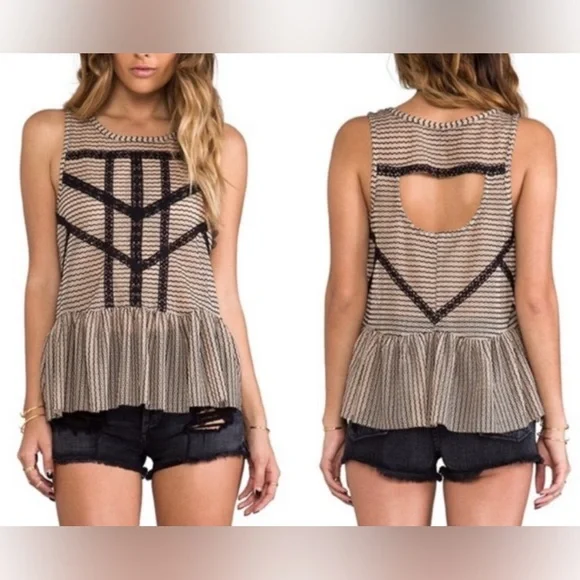 Free People Sleeveless Peplum Tank Top-Beige & Black Striped Lace Detail Size S - Picture 3 of 10